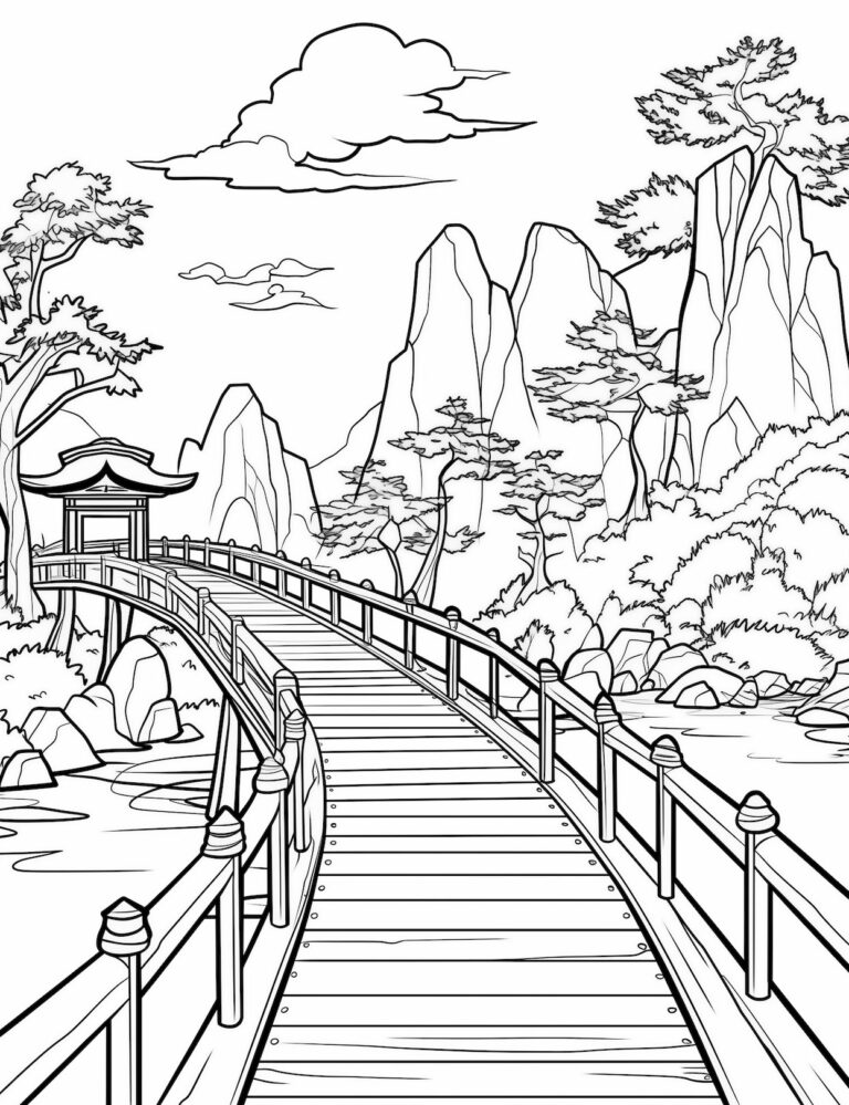 Pagoda, Bridge, Mountains