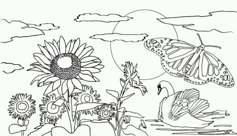 Sunflowers, Butterfly, Swan