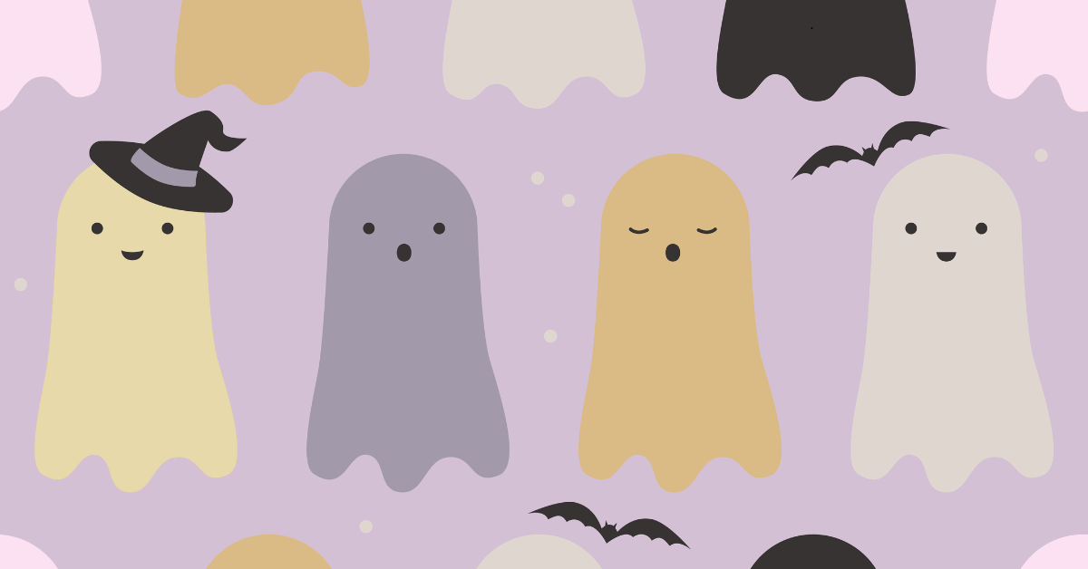 Row of smiling pastel ghosts wearing hats and surrounded by tiny bats on a lavender background.