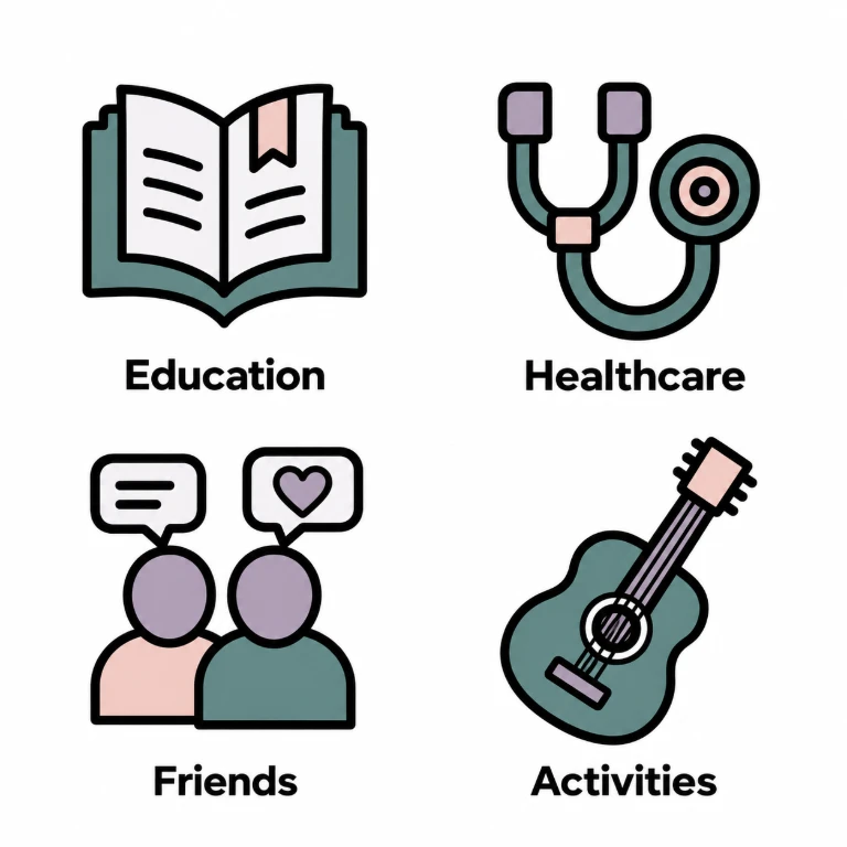 Icons for education, healthcare, friends, and activities.
